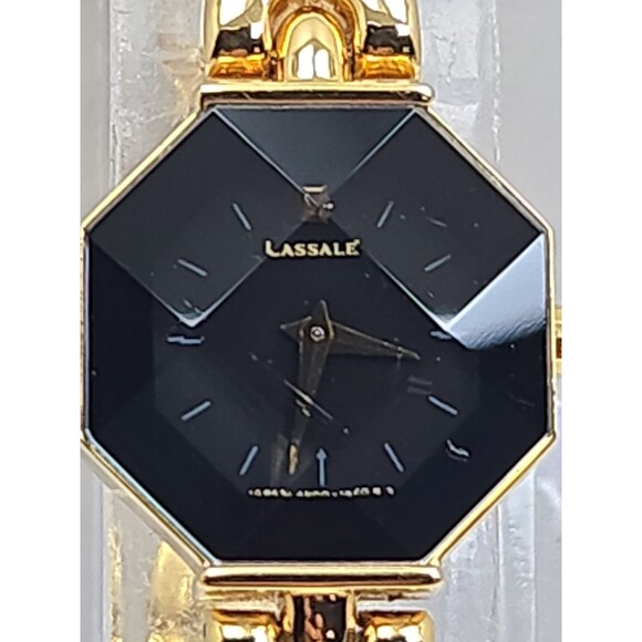 Vintage Lassale Seiko Womens Gold Tone Faceted Octagon Black Watch New Battery main image 12